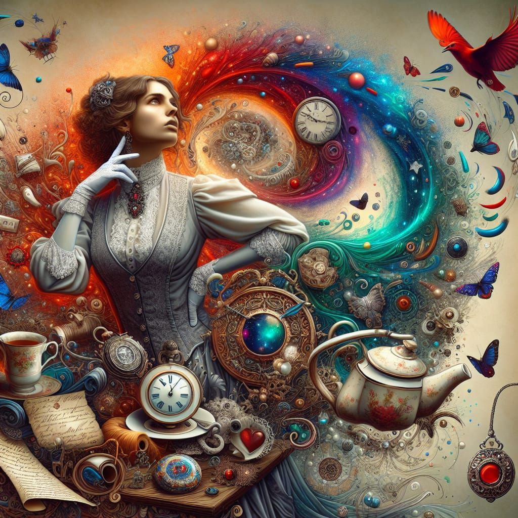 Victorian Woman with Symbolic Objects in Splash Art Style