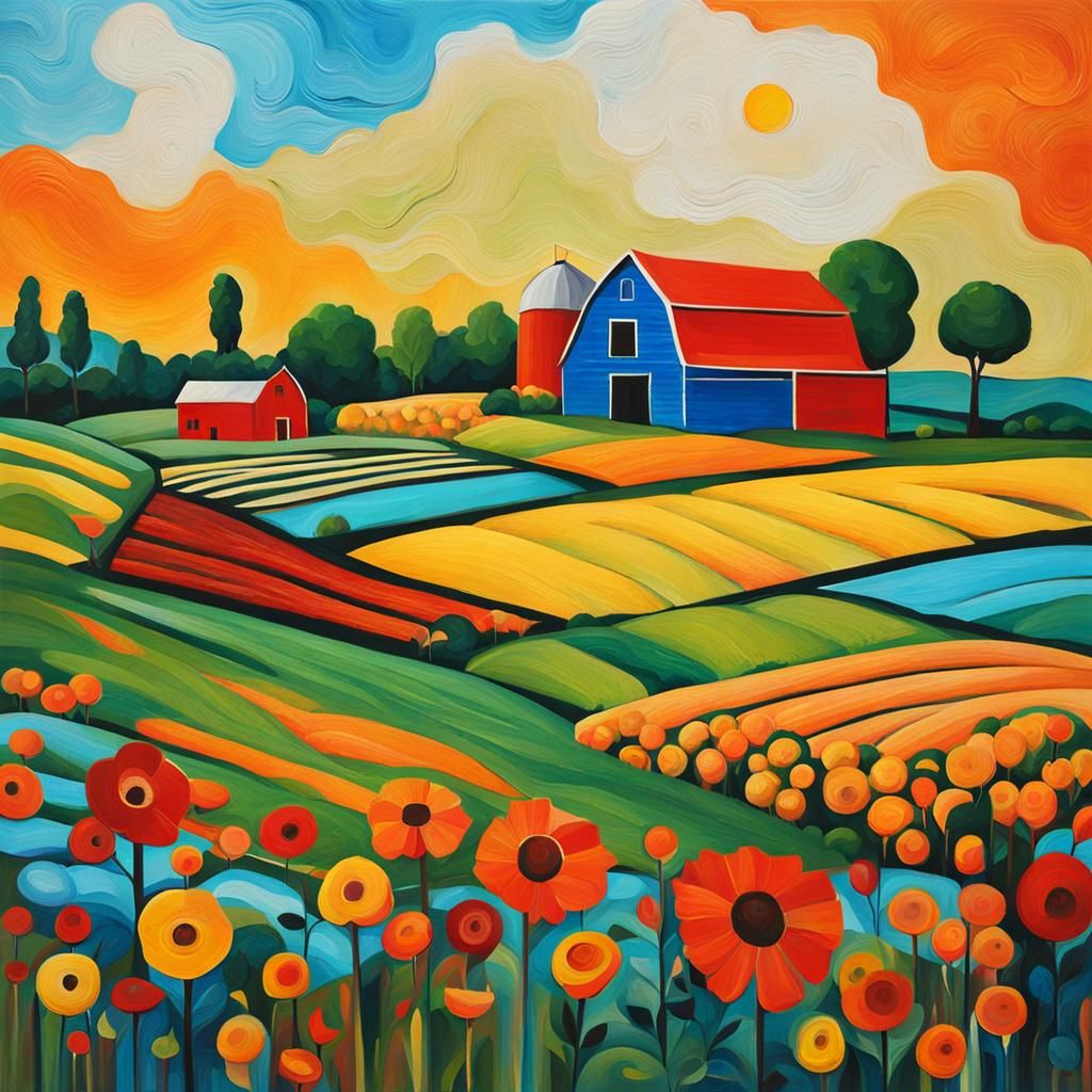 Abstract Farm Art in Complementary Colors