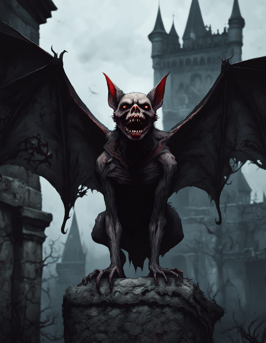 Macabre Vampire Bat Ghoul in Gothic Castle Crypt
