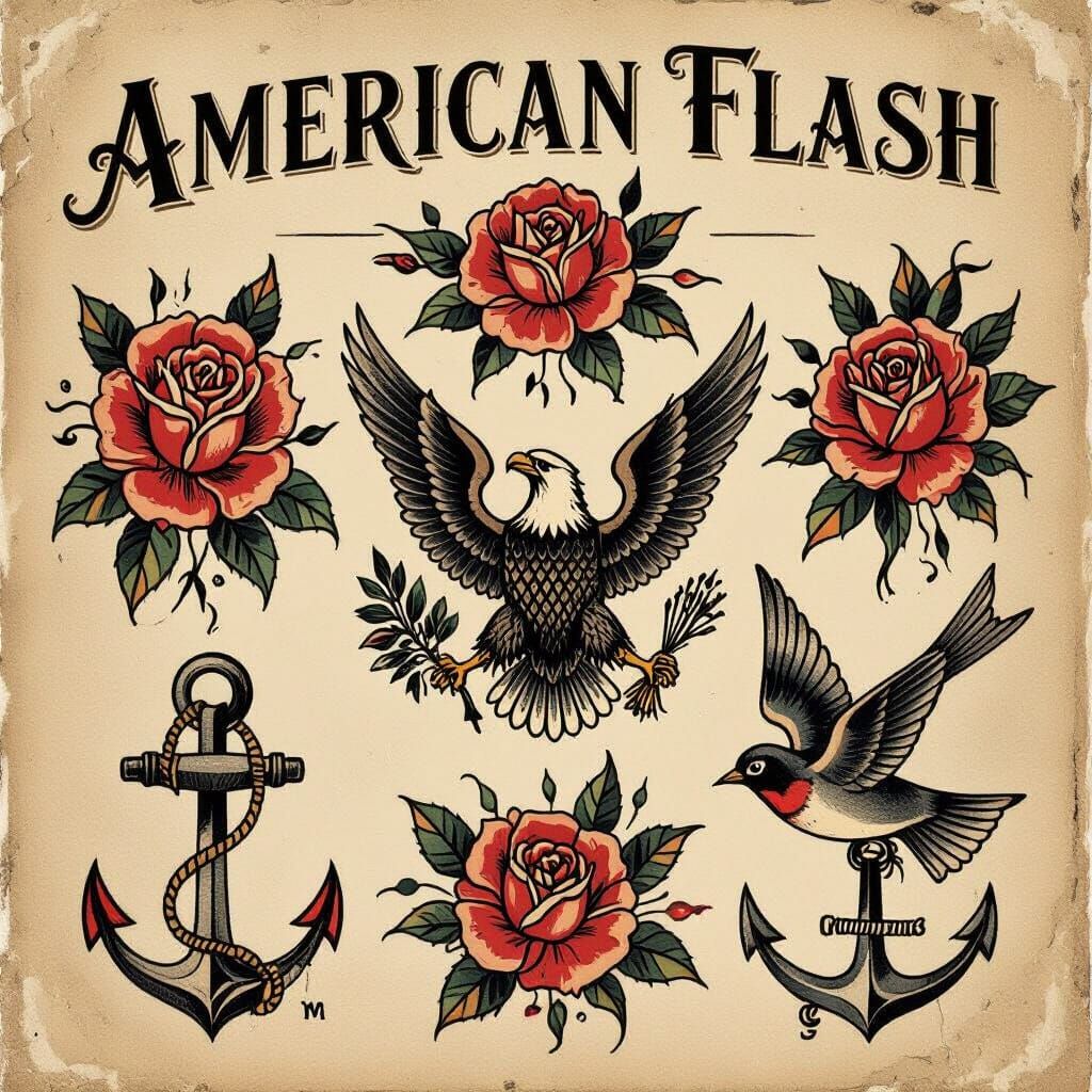 1920s Tattoo Flash Sheet with American Traditional Designs