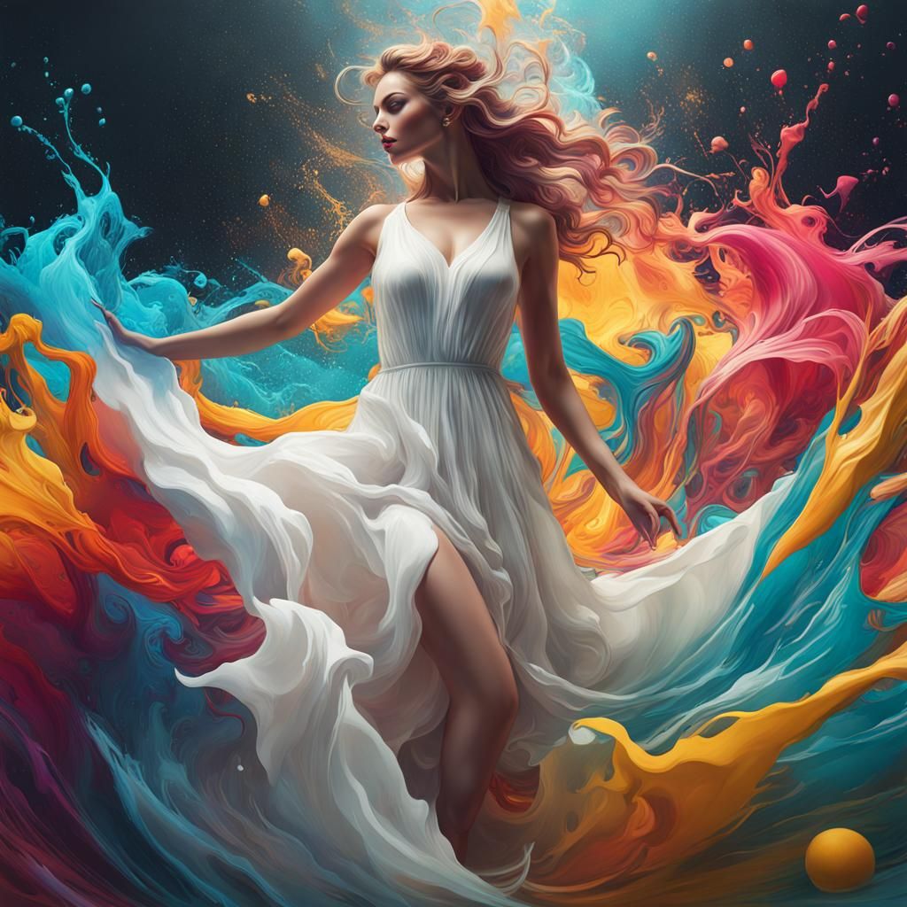 Enchanted Woman in Liquid Painting with Ink Splashes