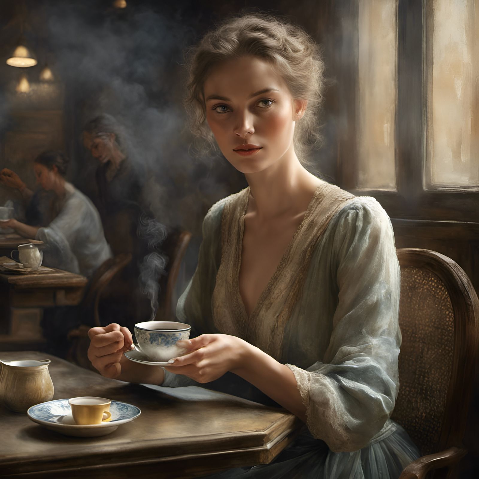 Beautiful Woman Enjoying Tea: Photorealistic Portrait