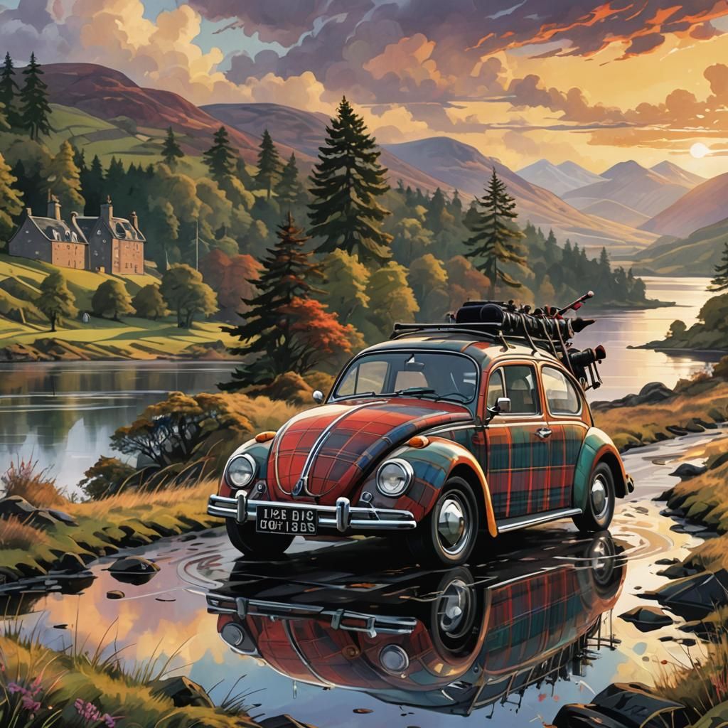VW Beetle in Tartan, Bagpipes, and Scottish Splendor