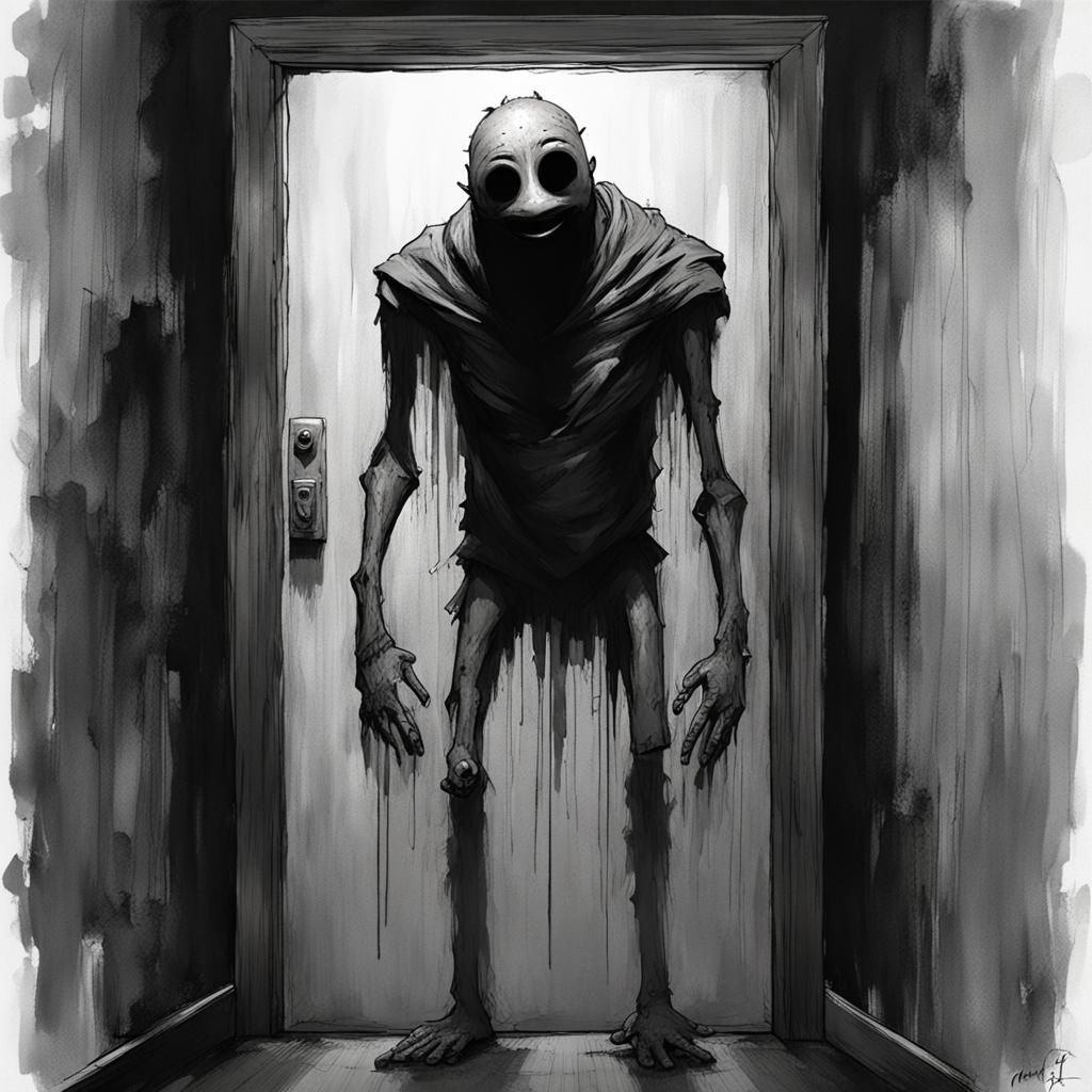 Sinister Humanoid Figure in Dark Hallway