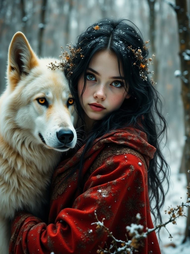 Delicate Fairy Woman in Snowy Forest, Close-Up