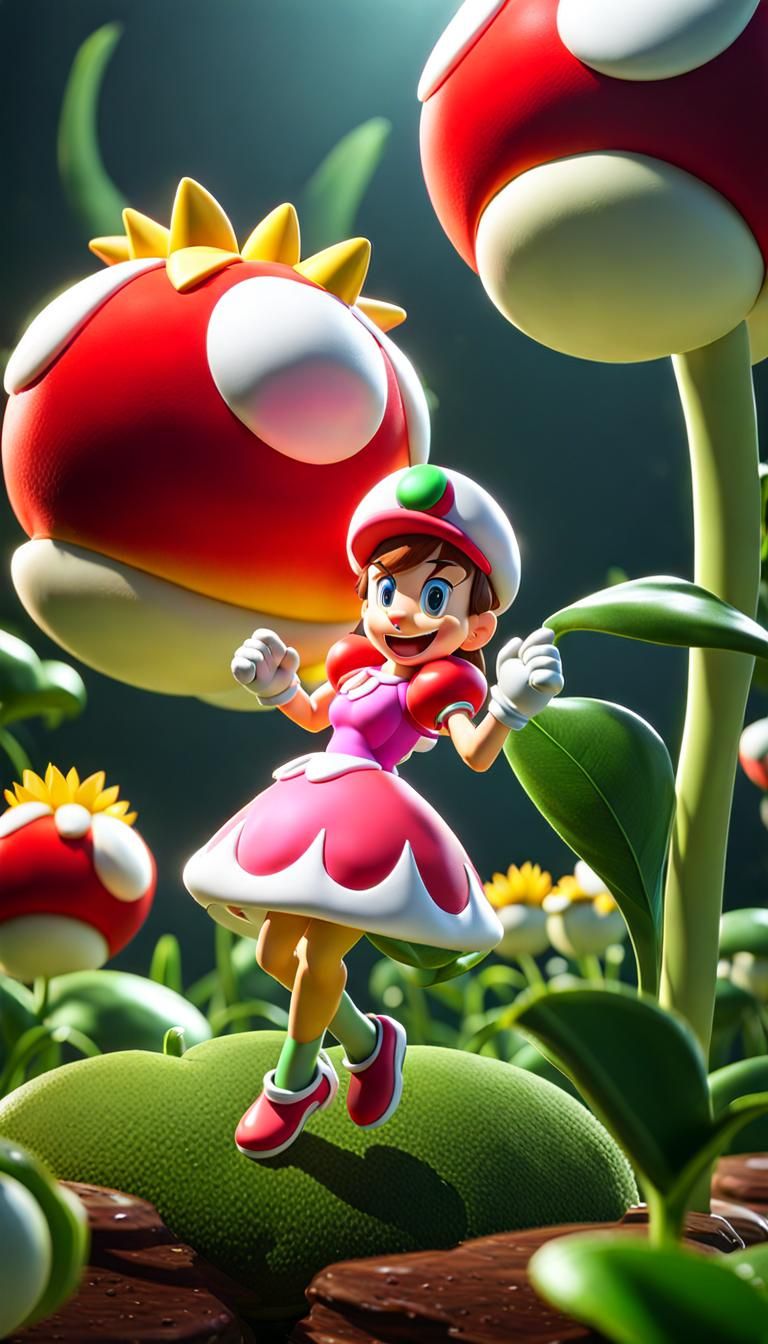Princess Daisy leaping over piranha plants.