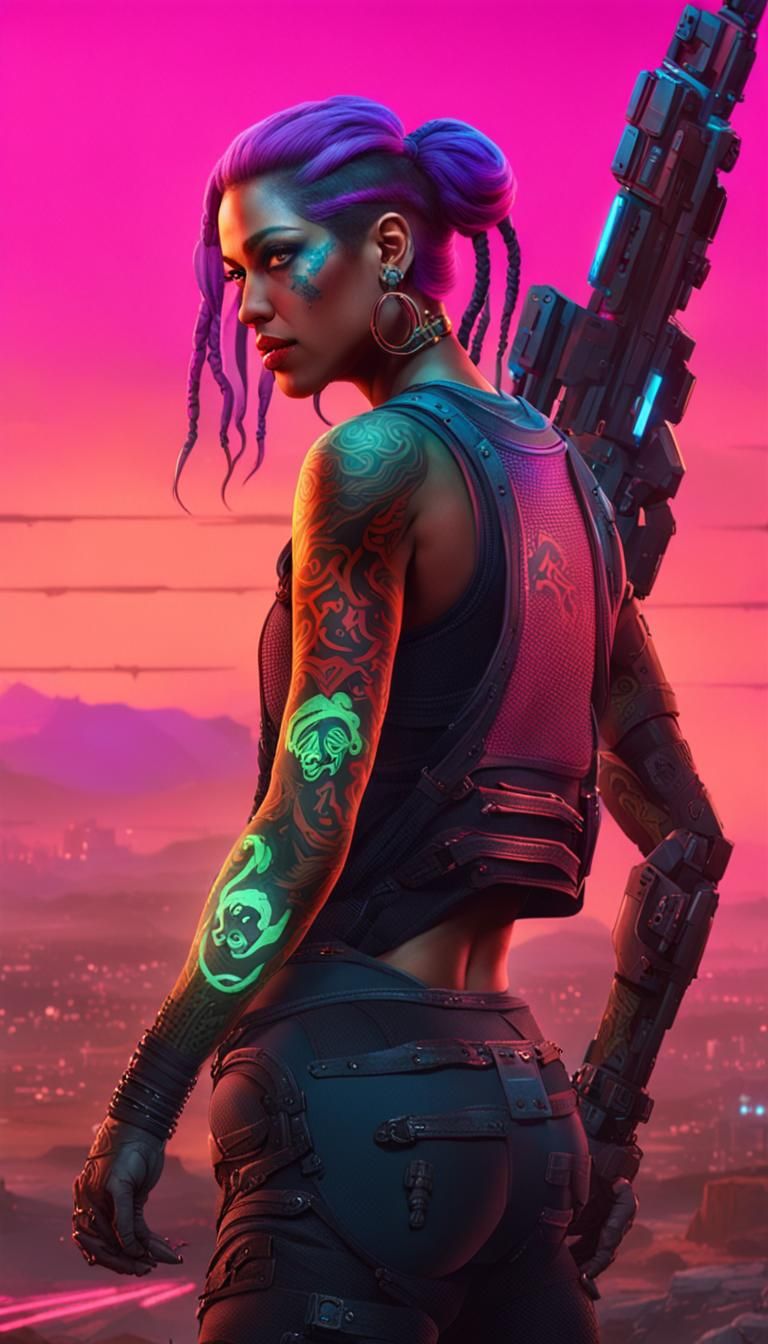 Cyberpunk Medusa Ready for Battle in Neon City