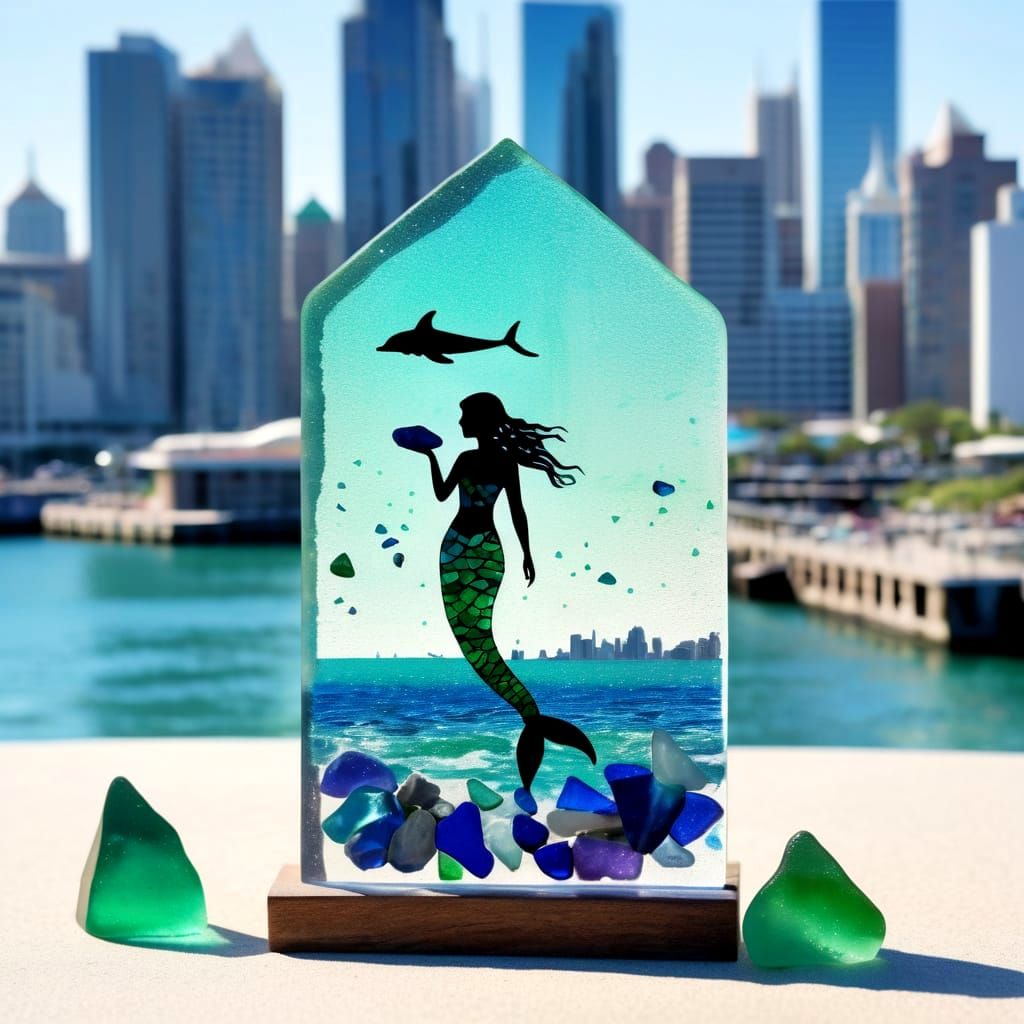 Sea Glass Mermaid Tarot Card with City Skyline