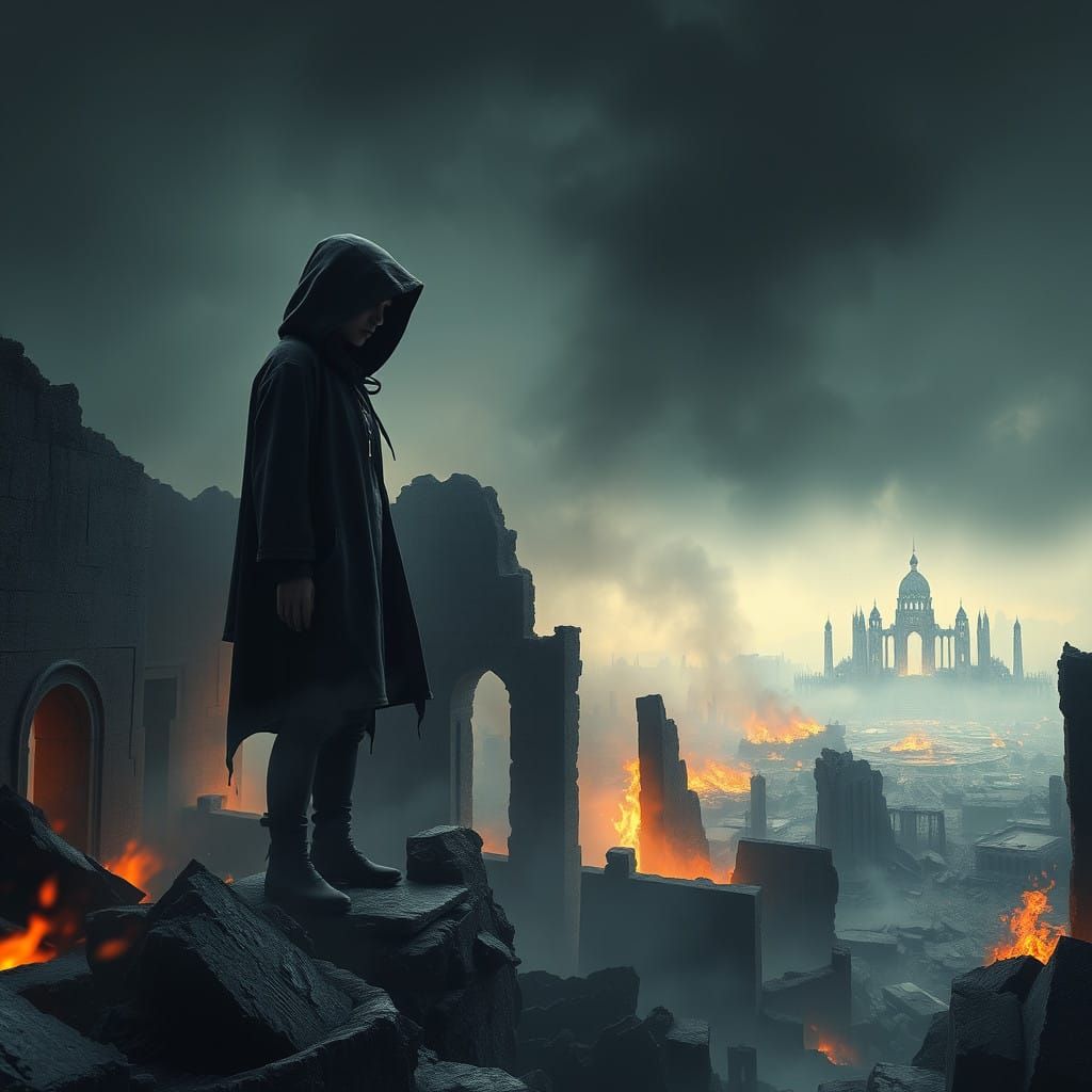 Girl on Ruins, Smoldering Landscape, Cyberpunk Aesthetic