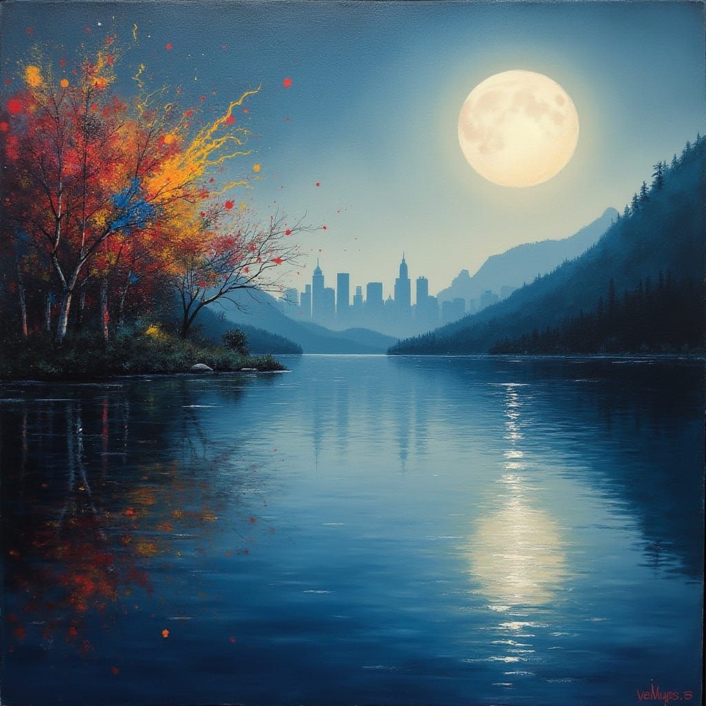 Moonlit Lake with City Skyline Duality in Vibrant Colors