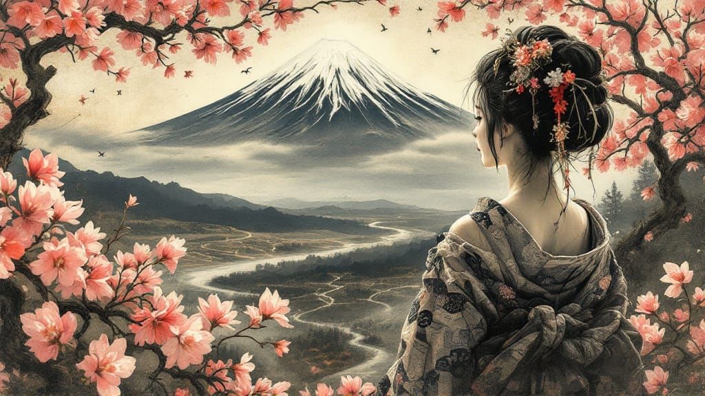 Geisha Gazing at Mount Fuji in Mixed-Media Collage