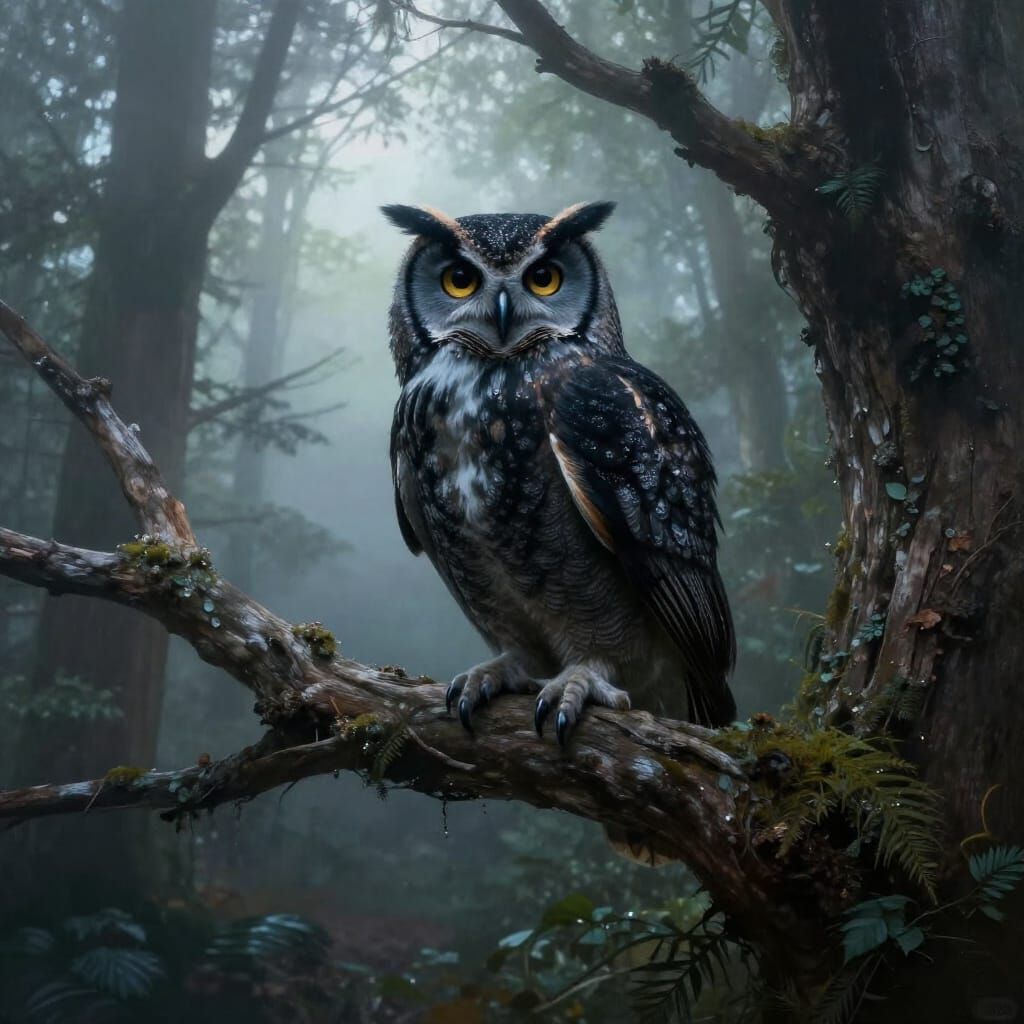 Majestic Obsidian Owl on Ancient Branch in Misty Forest