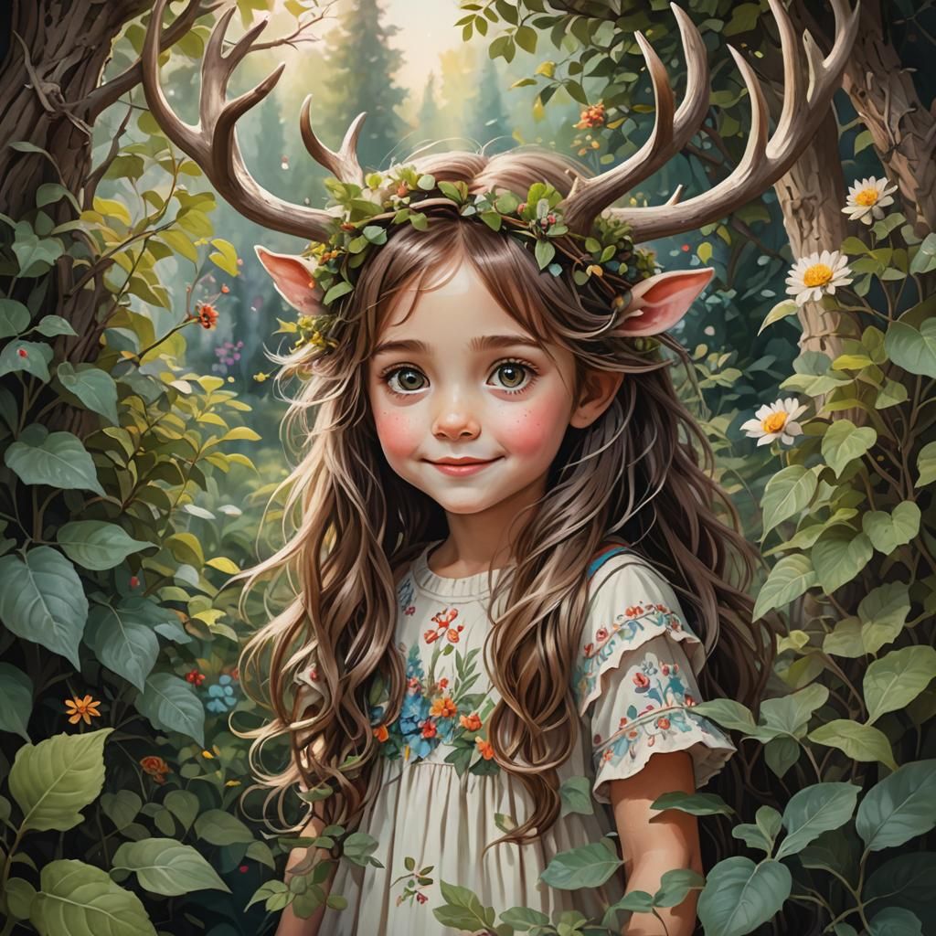 Shy Faun Child in Fantasy Garden