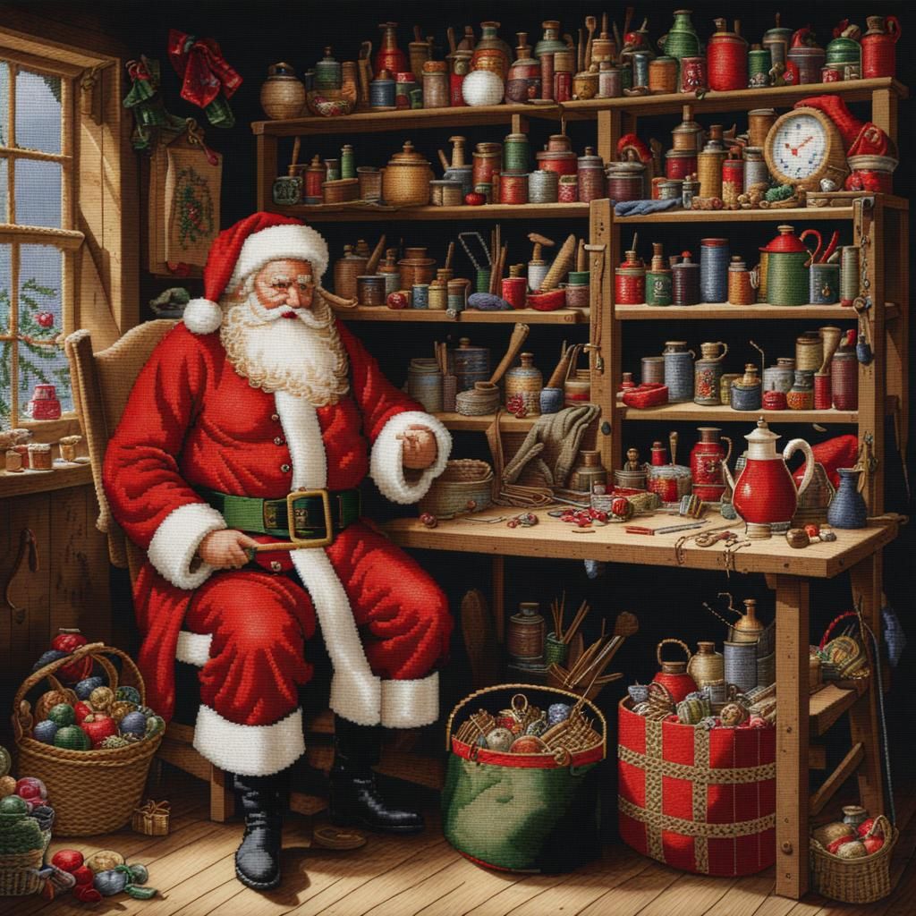Cross Stitch Embroidery of Santa's Workshop