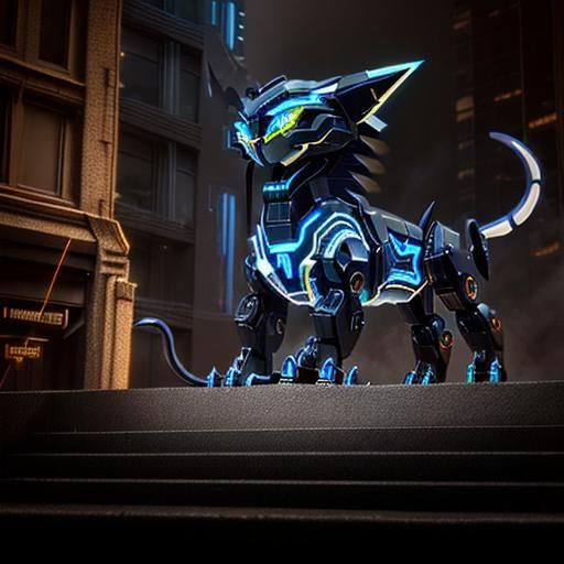 Cybernetic Six-Legged Panther Prowling Dark City