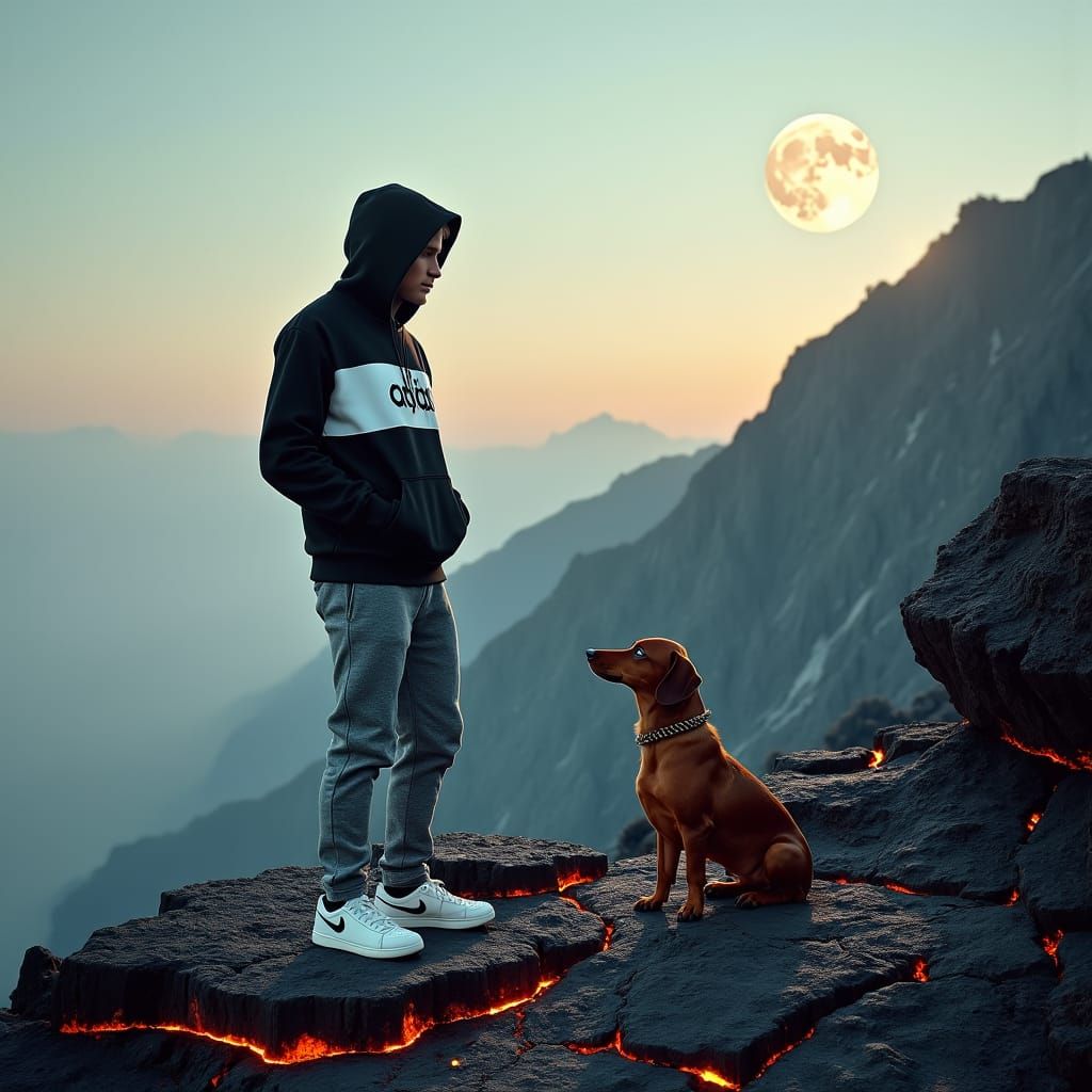 Man and Dog on Volcanic Mountain Peak