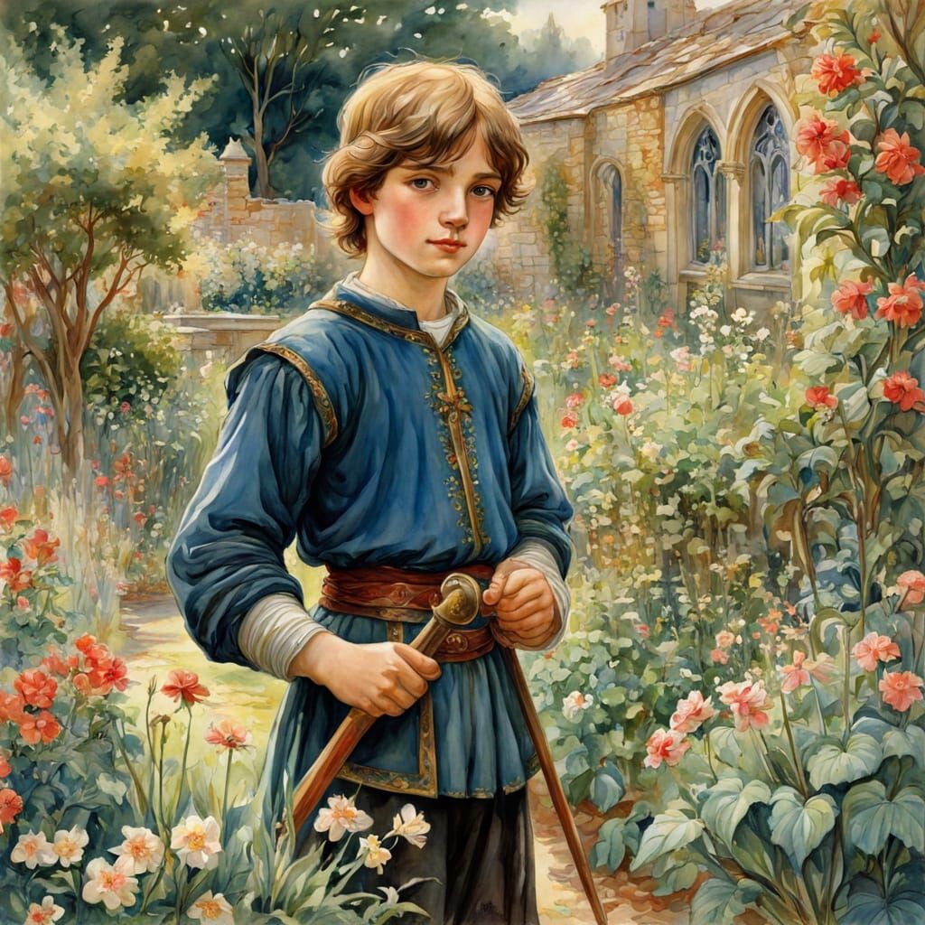 Boy in a Vibrant Medieval Garden Scene