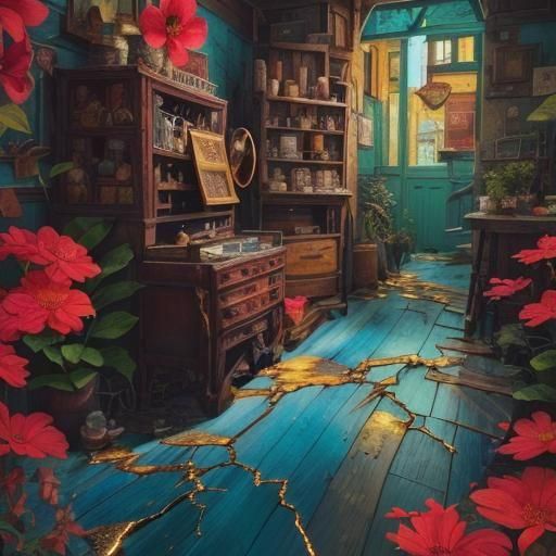 Kintsugi Golden Repair on Weathered Timber Floor