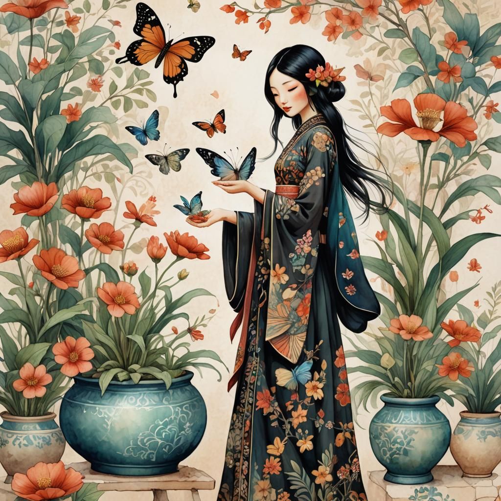 Girl with Butterfly Wings Touching Oriental Flower