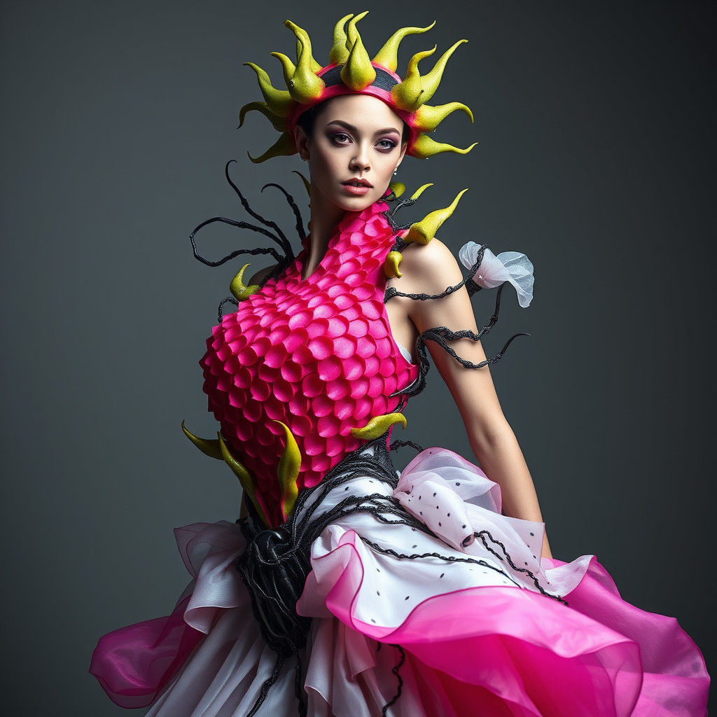 Surreal Goddess in Dragonfruit-Inspired, Biomechanical Gown