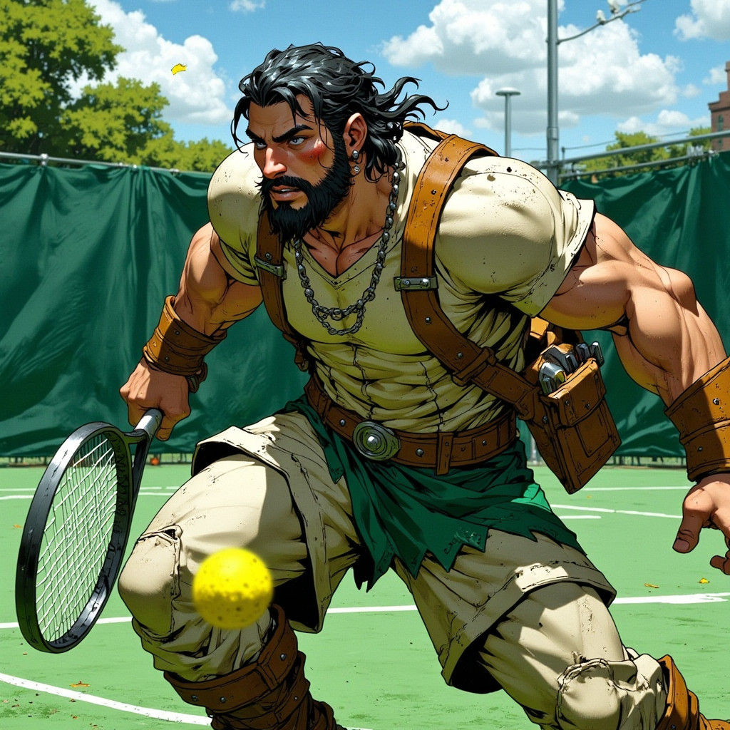 An athletic but husky man, barrel-chested, playing tennis on an emerald tennis court. action painting.