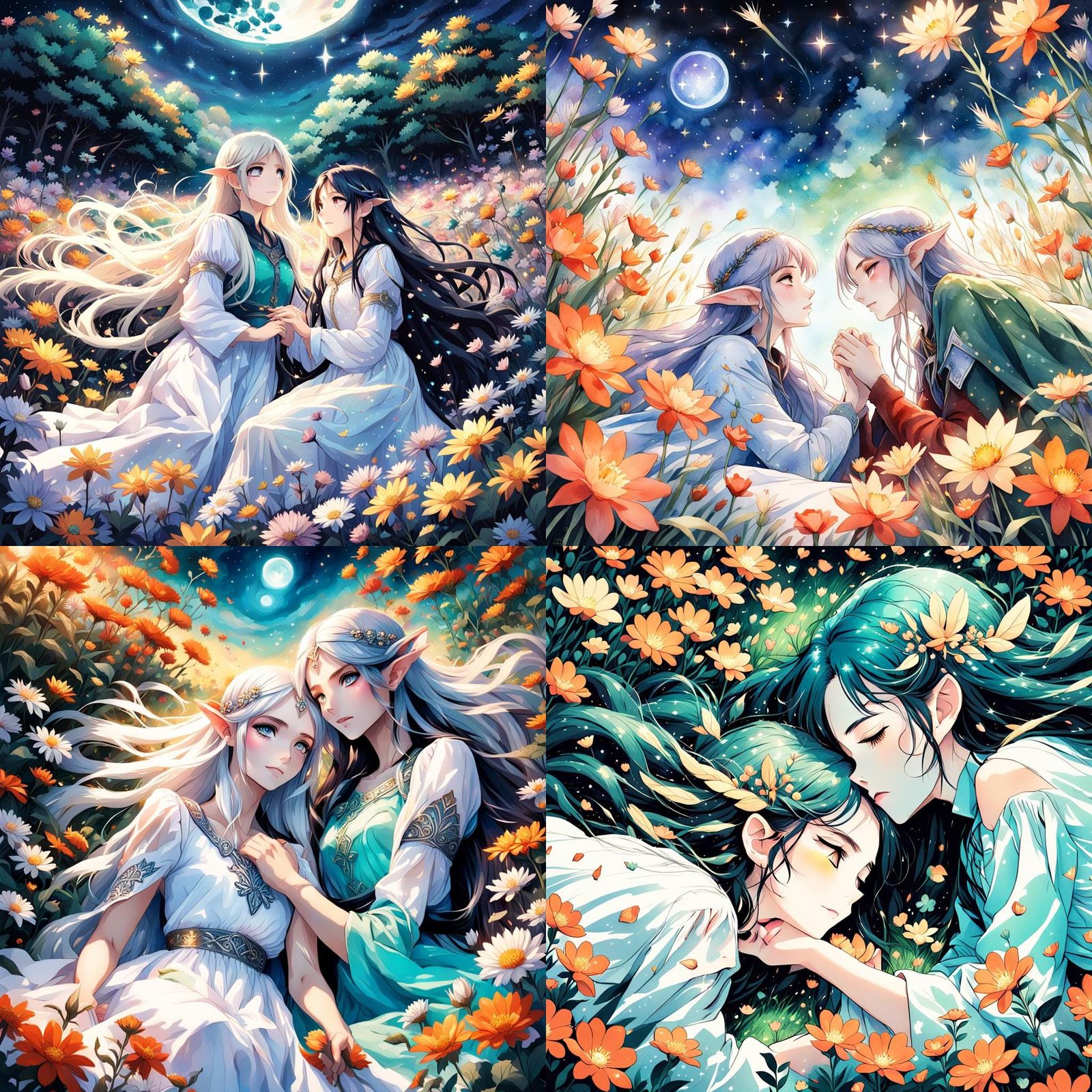Lovers Stargazing in Field of Flowers: Anime Style