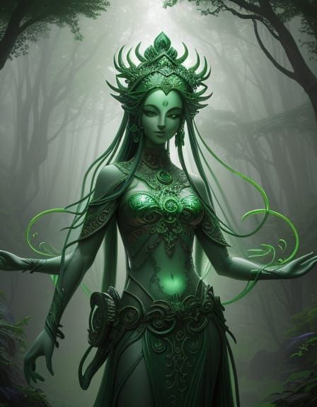 Jade Branch Humanoid Statue in Mystical Forest