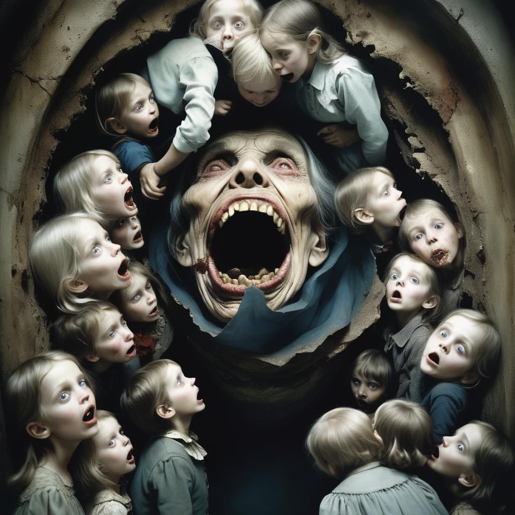 Children Explore Giant Mouth in Creepy Photograph
