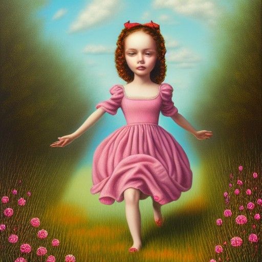 Girl in Meadow Running from Falling Sky