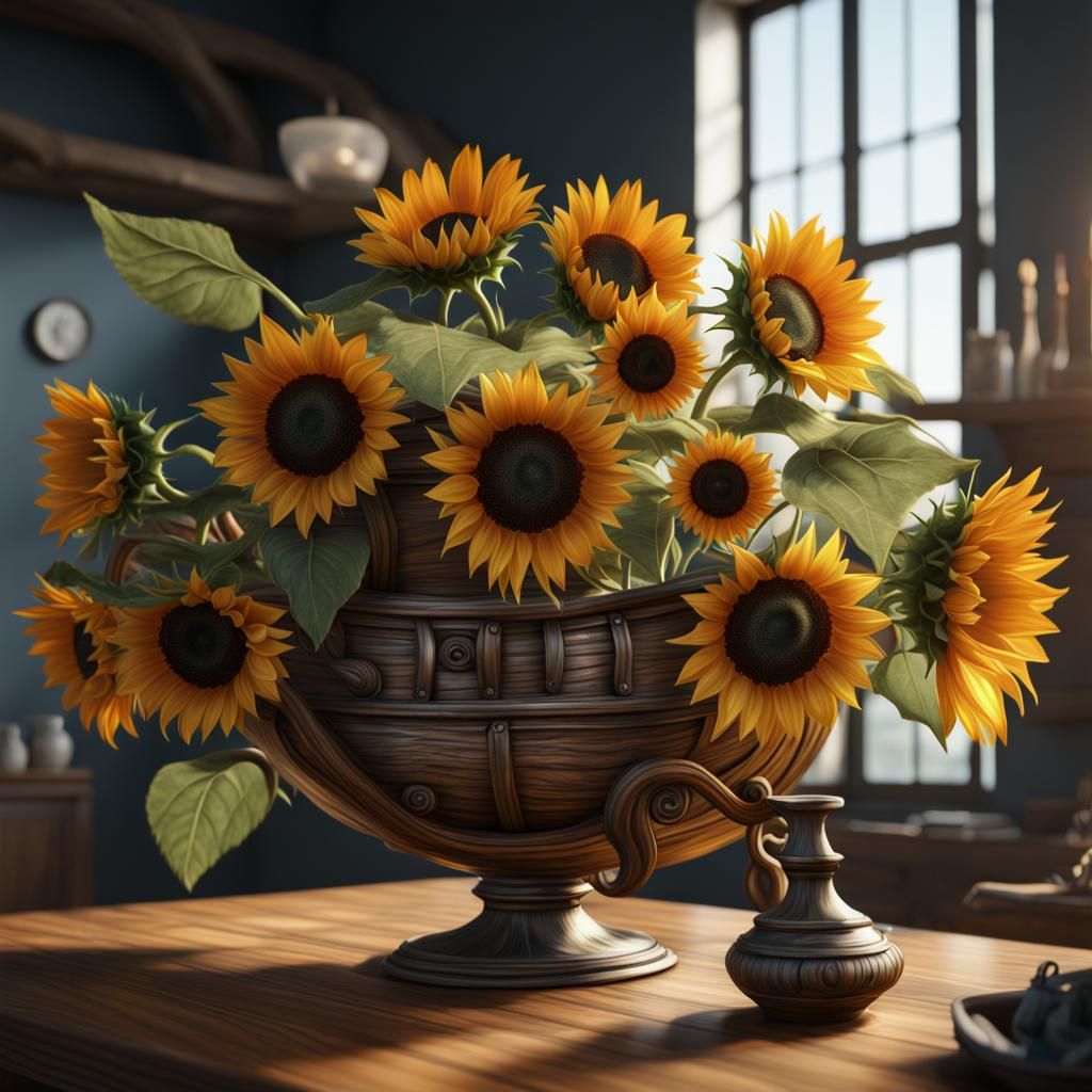 Hyperrealistic Sunflowers in Pirate Ship Vase