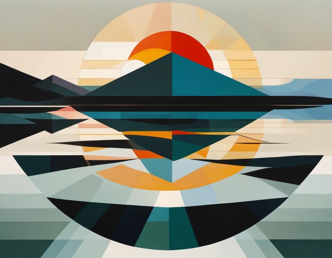 Sunrise Over Lake: Abstract Geometric Bauhaus Landscape