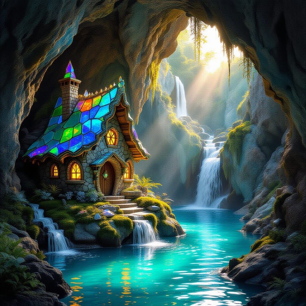 Hidden Fairy Geode Cottage with Waterfalls at Dawn