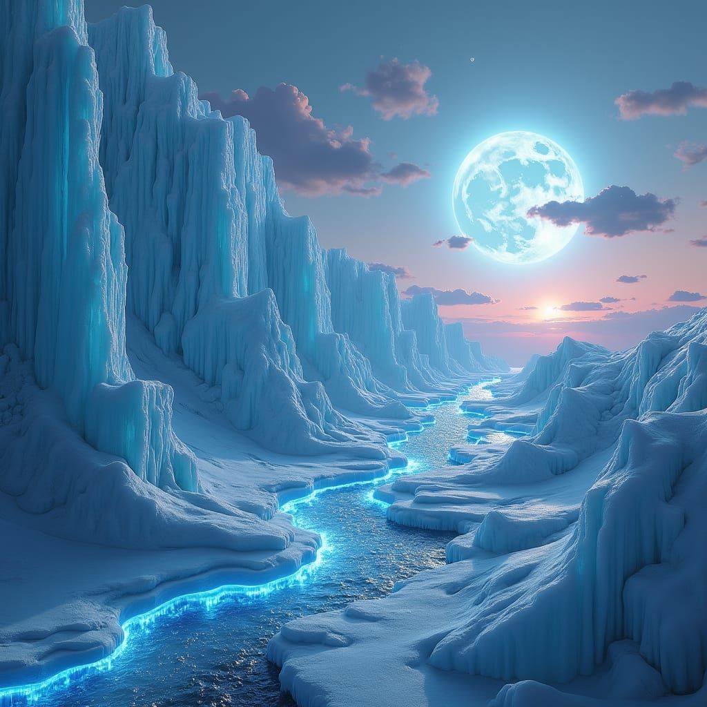 Bioluminescent Alien World with Crystalline Ice Waves