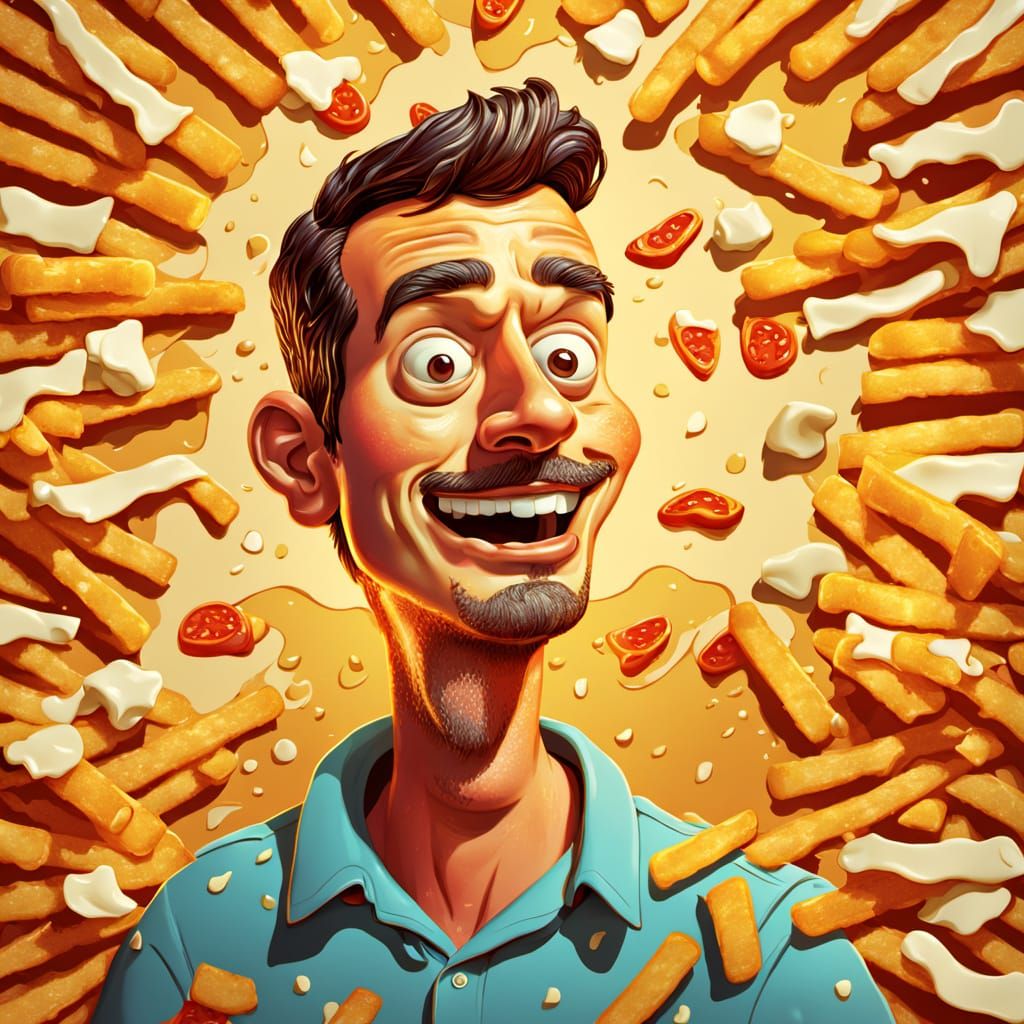 Whimsical Pizza Man Cartoon Surrounded by Fries