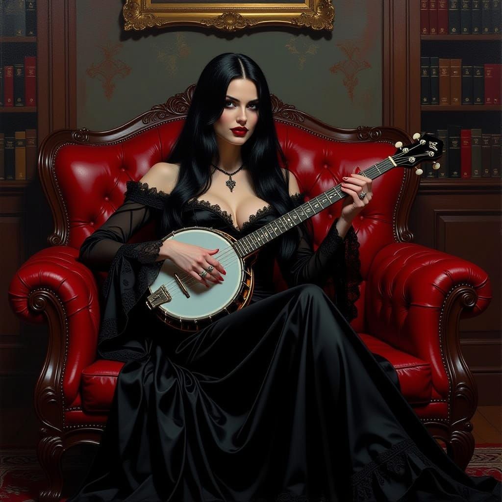 Dark Victorian Vampire on Red Leather Sofa