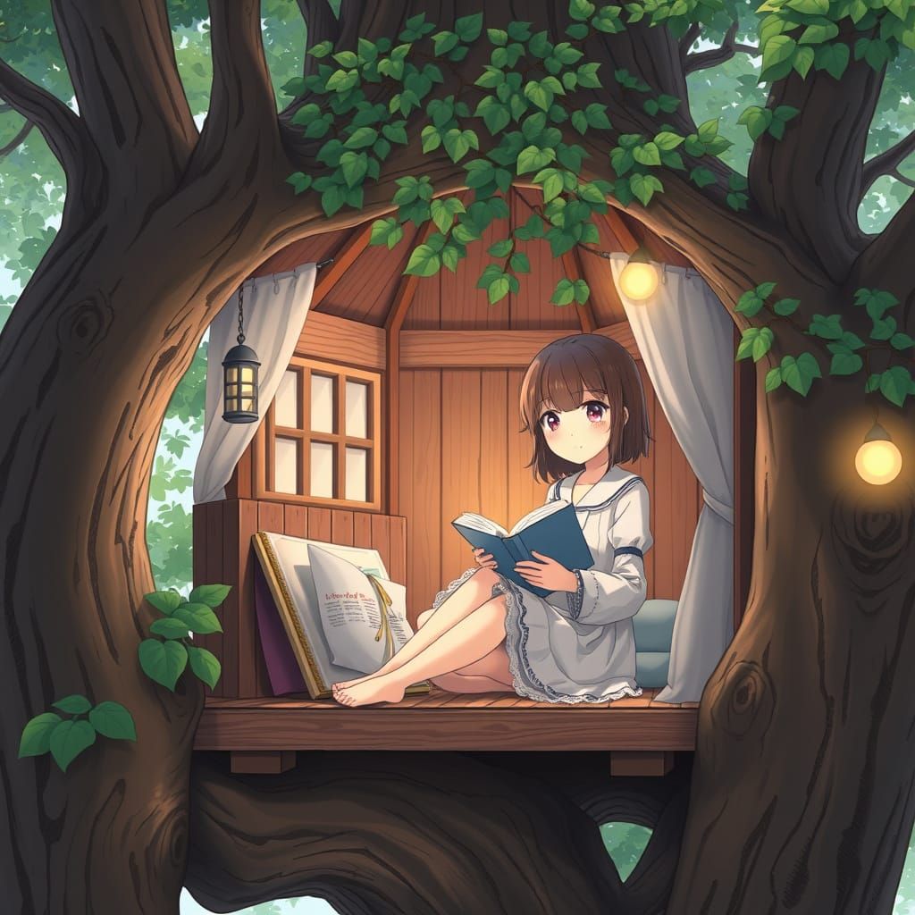 Cozy Treehouse Reading Nook in Japanese Anime Style