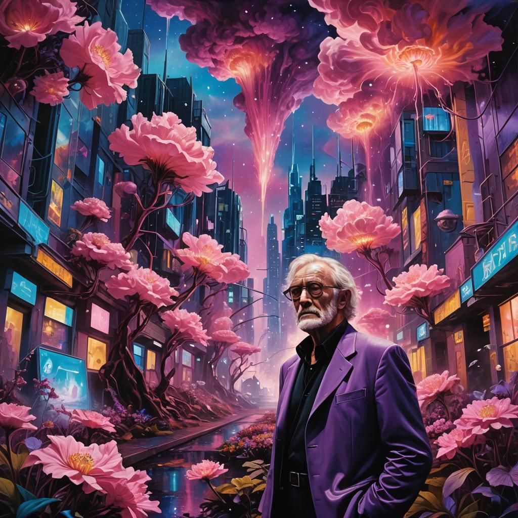 Surreal Galaxy Portrait with Pink Flowers