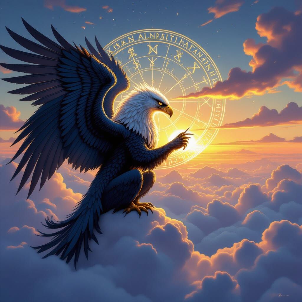 Majestic Griffin Inscribing Runes on Celestial Map