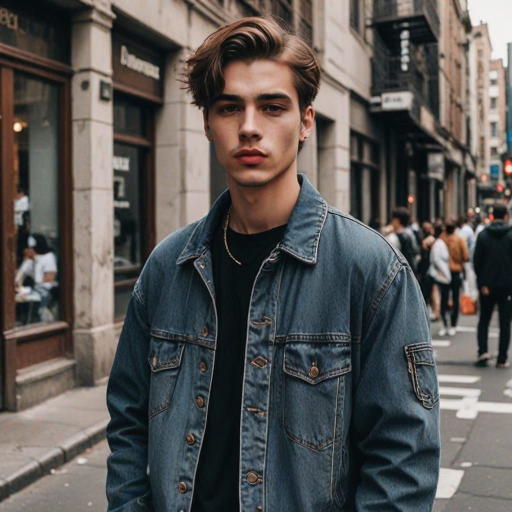 Handsome Young Man in Trendy Outfit with Plump Lips, Inspire...