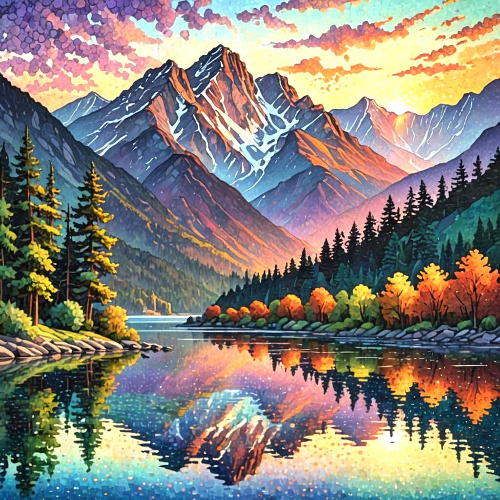 Pointillist Sunset Lake Reflection: Tranquil Landscape