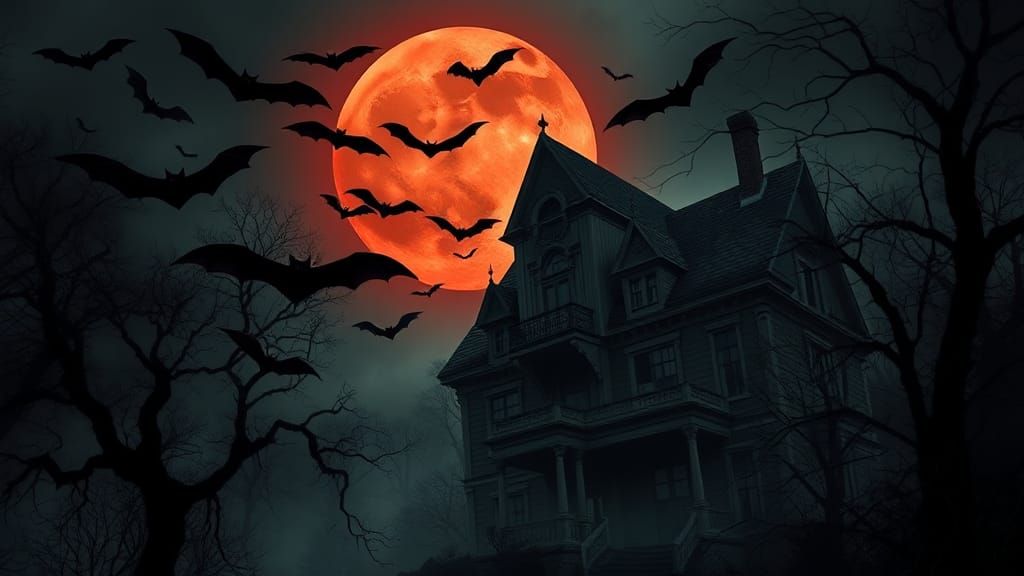 Bats and Haunted Mansion in Gothic Horror Style