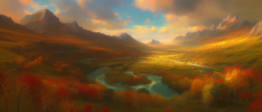 Autumn Valley Landscape Painting in Idyllic Style