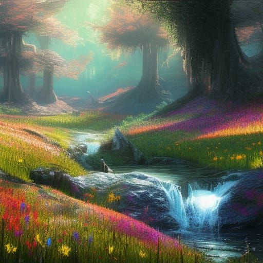 Magical Fairycore Flower Meadow in Spring Sunlight