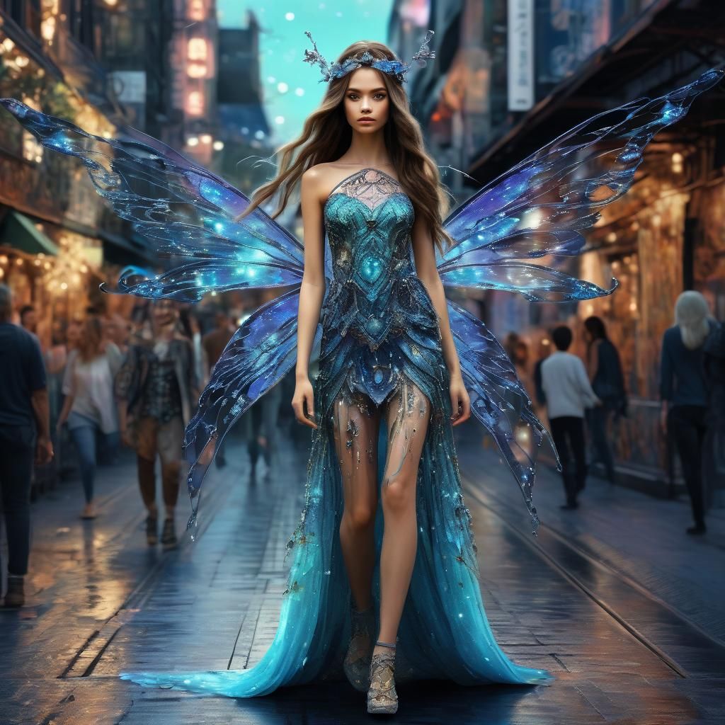 Hyperrealistic Fairy Woman on City Catwalk
