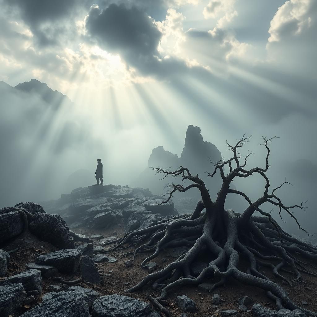 Ethereal Figure in Fog-Shrouded Landscape