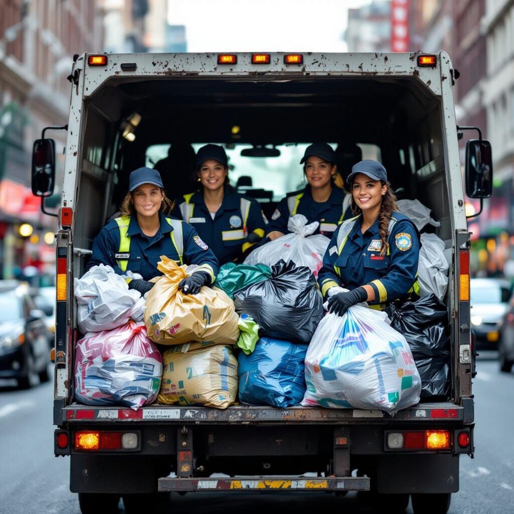 Women on a Garbage Truck in City Street Scene