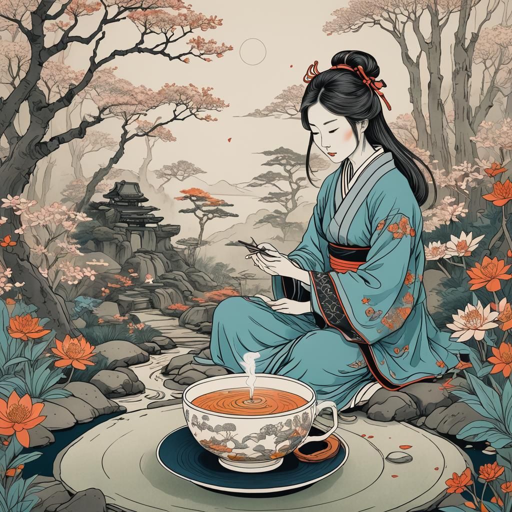 Zen Samurai Woman in Teacup Line Art