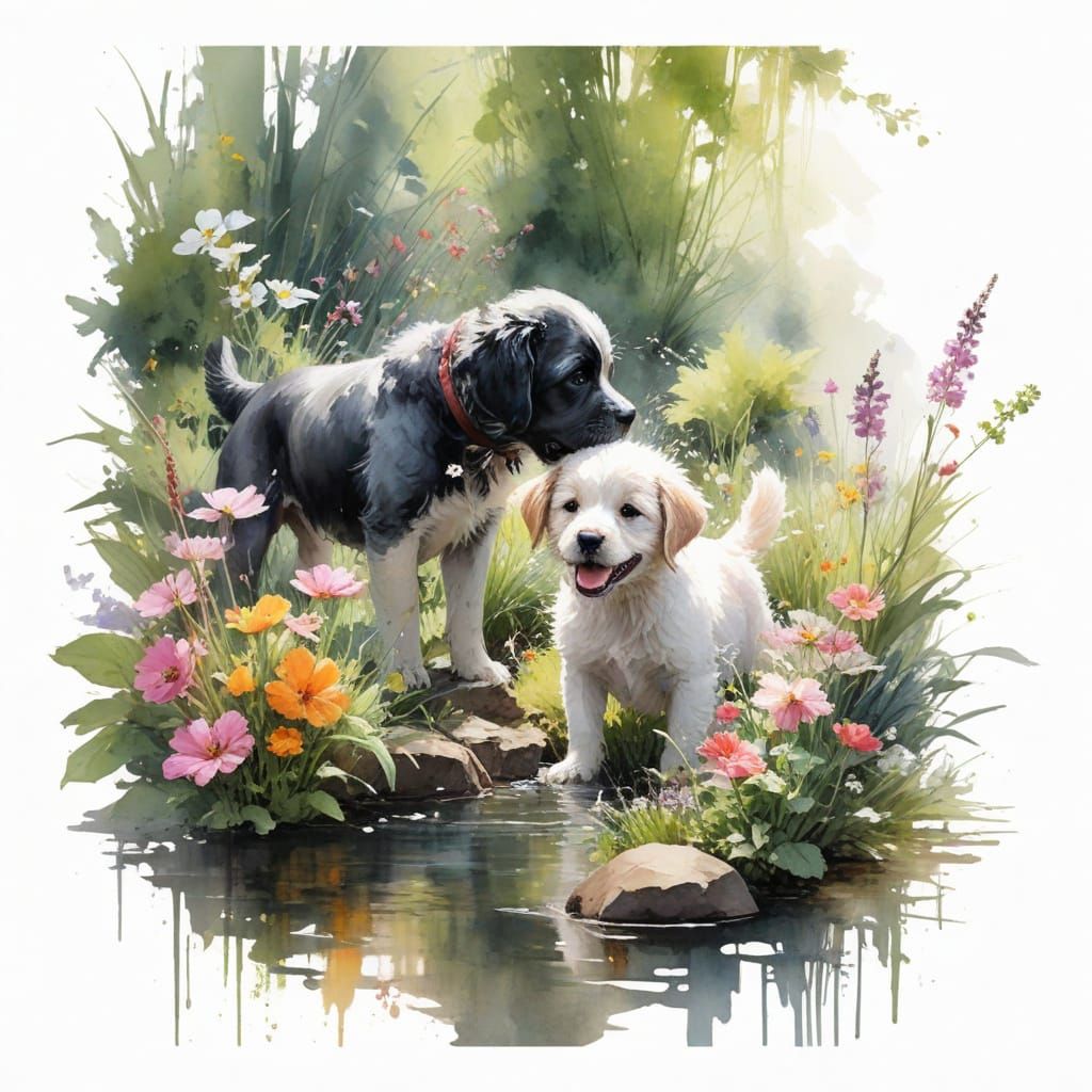Surreal Garden Scene with Playful Puppy and Owner in Vibrant...