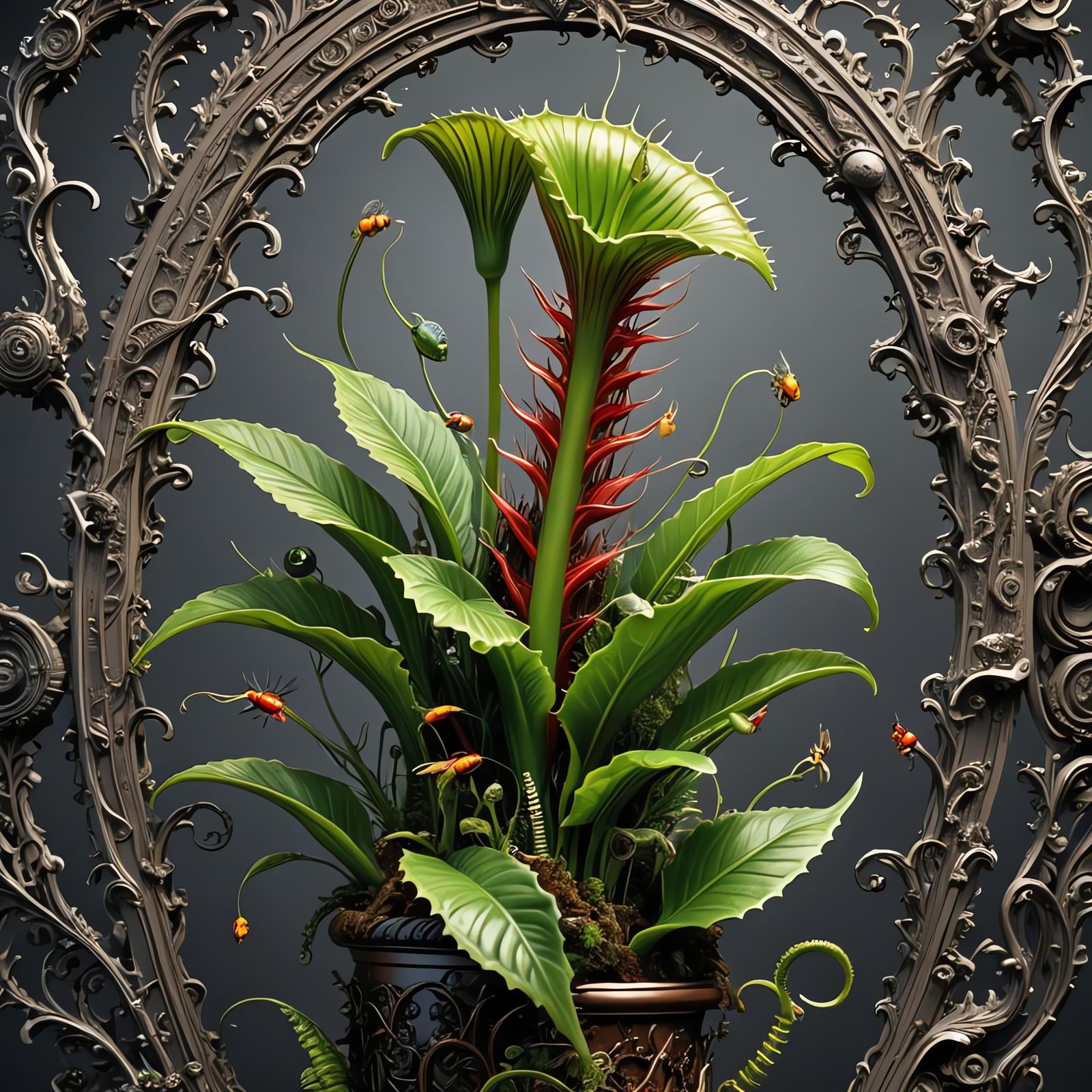 hyperrealistic artwork depicting a Venus fly trap made entirely from a recycled plastic bottle. Focus on intricate detai...