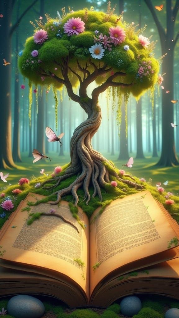 Majestic Tree Rises from Glowing Ancient Book in Vibrant Col...